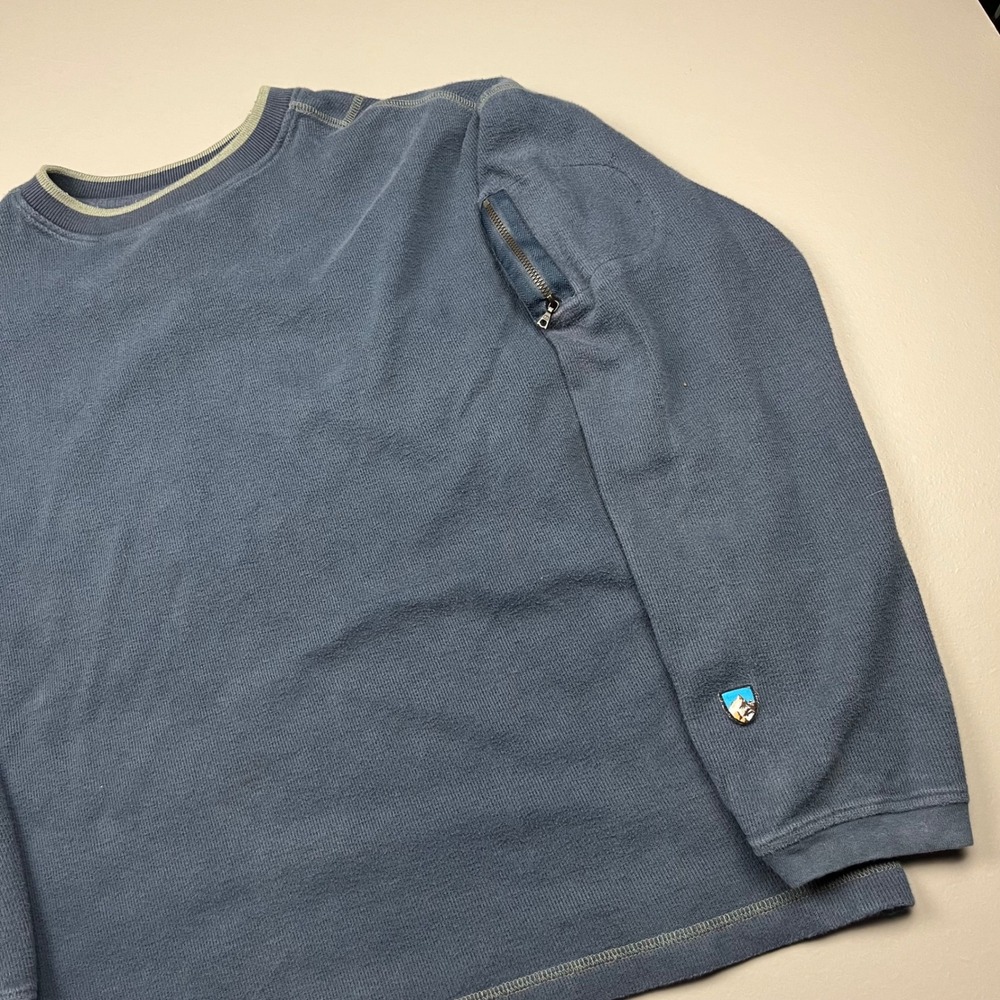 KUHL Pullover Sweatshirt Mens M Blue Cotton Waffle Knit Zip Pocket Thumbhole VTG